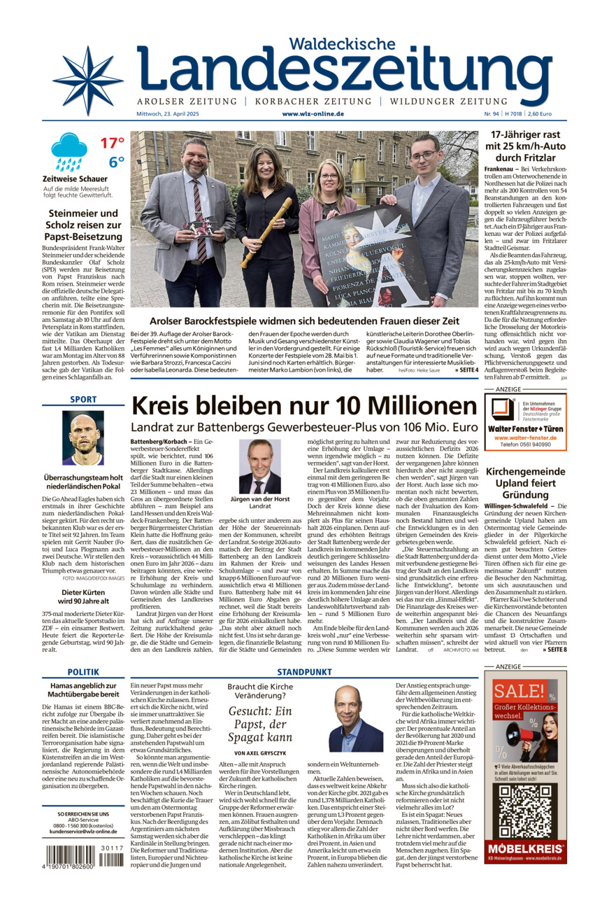 Waldeckische Landeszeitung vom Mittwoch, 23.04.2025