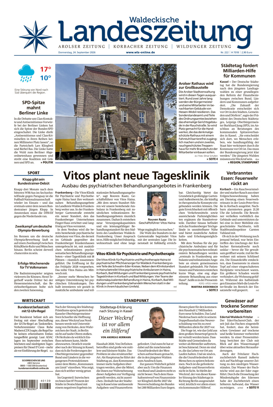 Waldeckische Landeszeitung vom Donnerstag, 24.09.2026
