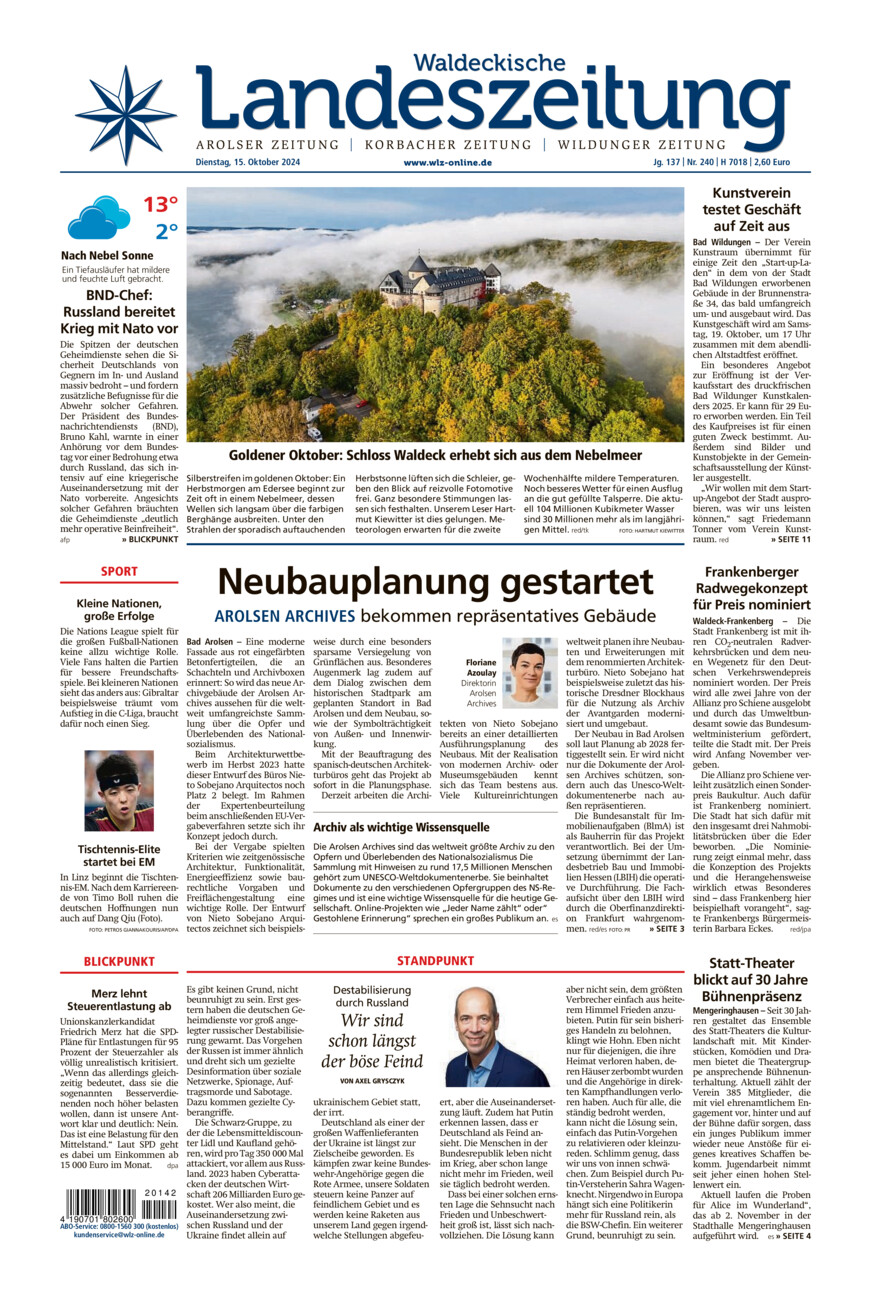 Waldeckische Landeszeitung vom Dienstag, 15.10.2024