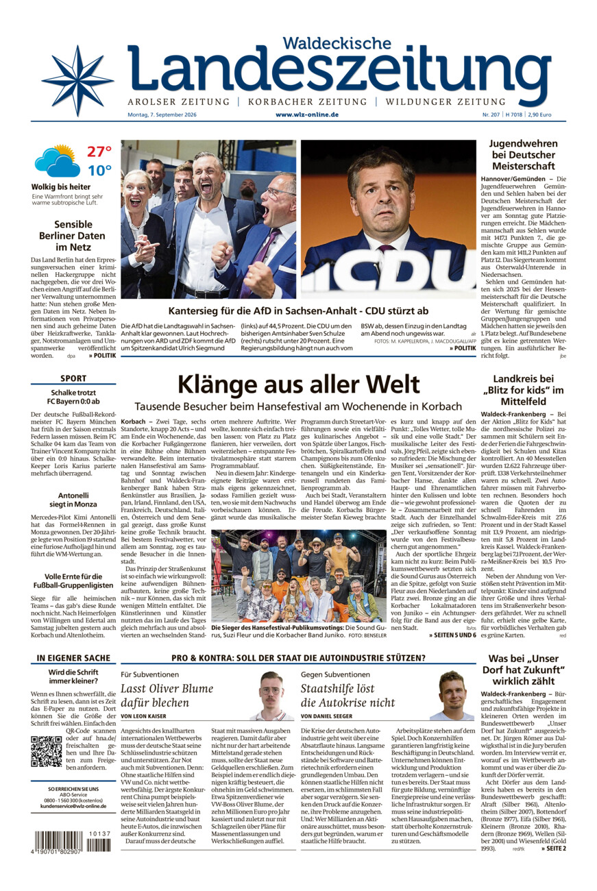 Waldeckische Landeszeitung vom Montag, 07.09.2026