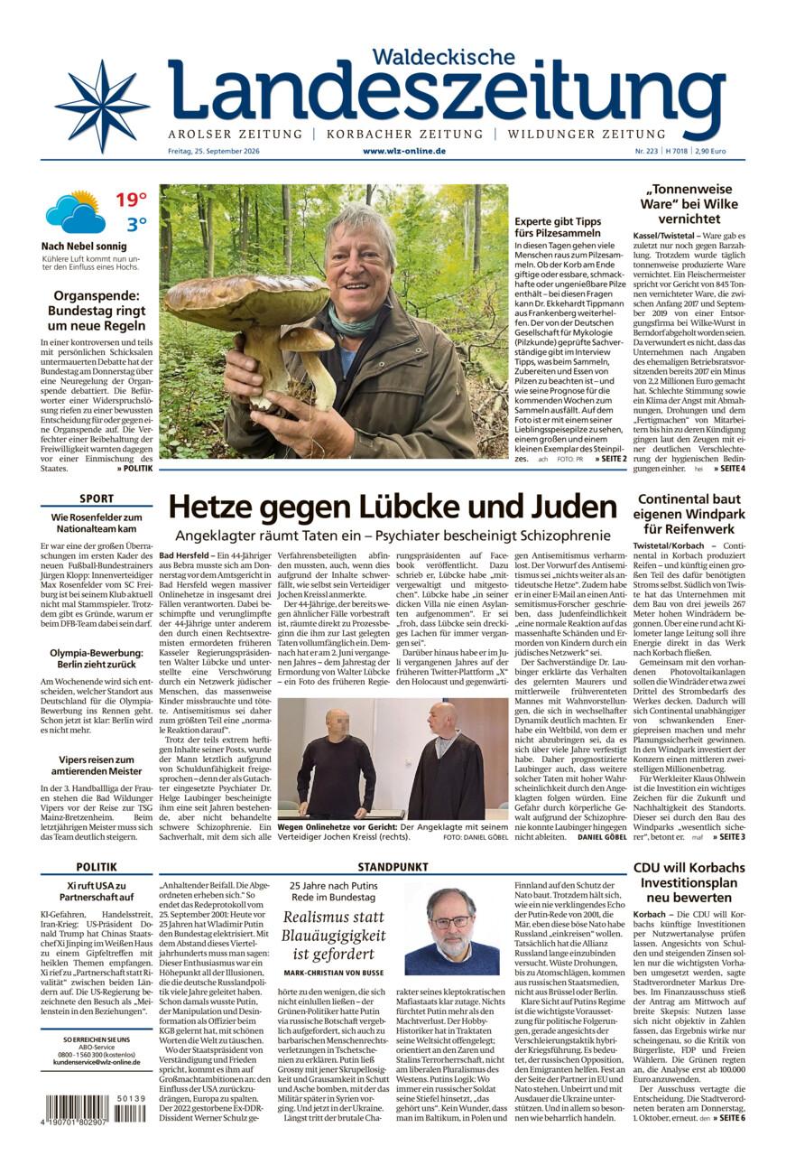 Waldeckische Landeszeitung vom Freitag, 25.09.2026