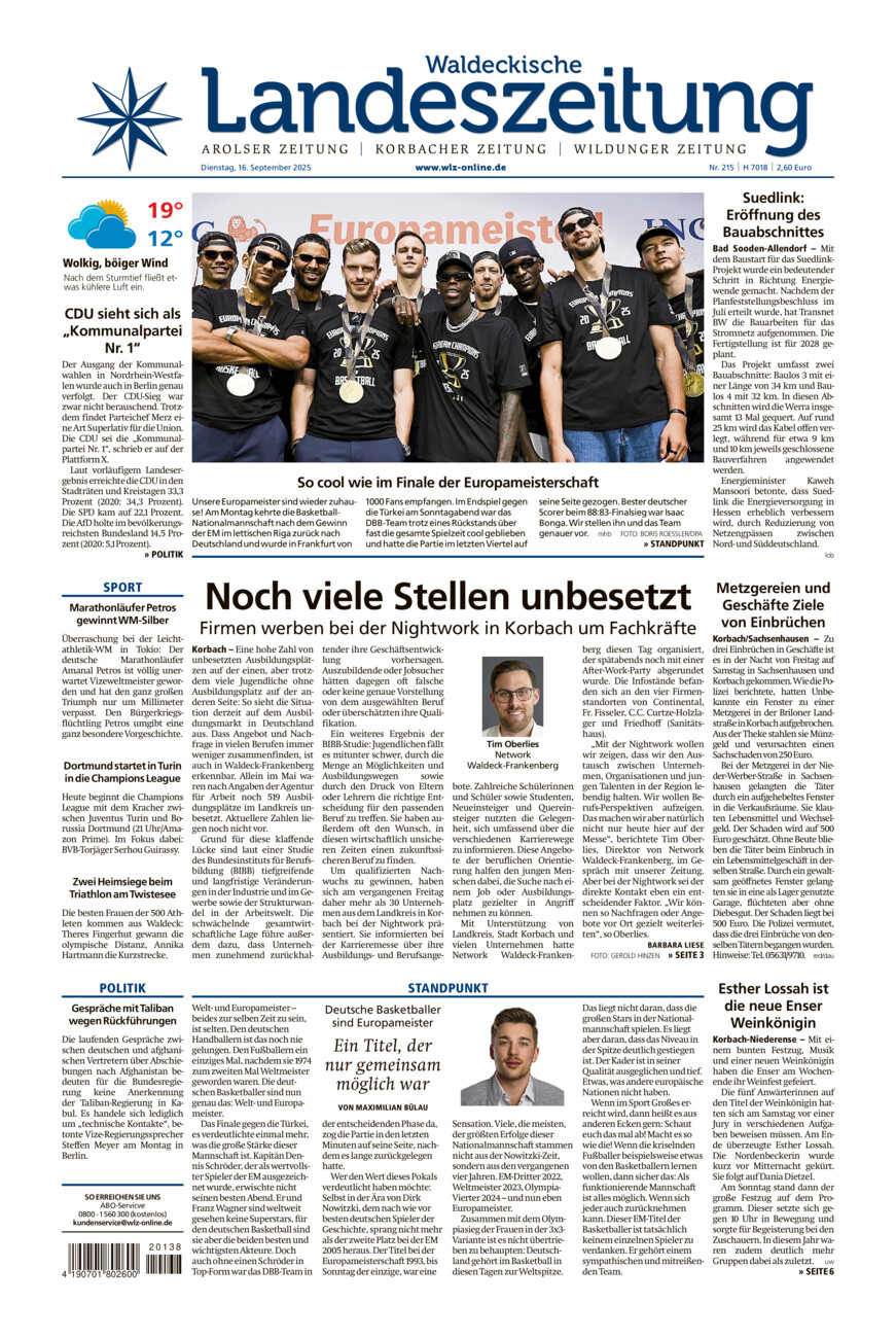 Waldeckische Landeszeitung vom Dienstag, 16.09.2025