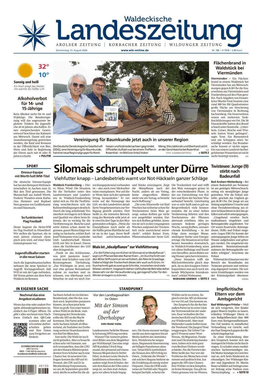 Waldeckische Landeszeitung vom Donnerstag, 13.08.2026
