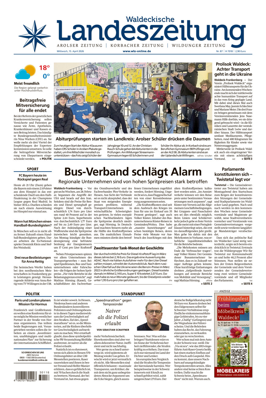 Waldeckische Landeszeitung vom Mittwoch, 15.04.2026