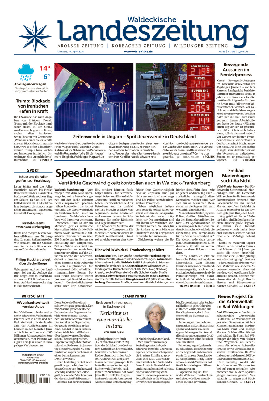 Waldeckische Landeszeitung vom Dienstag, 14.04.2026