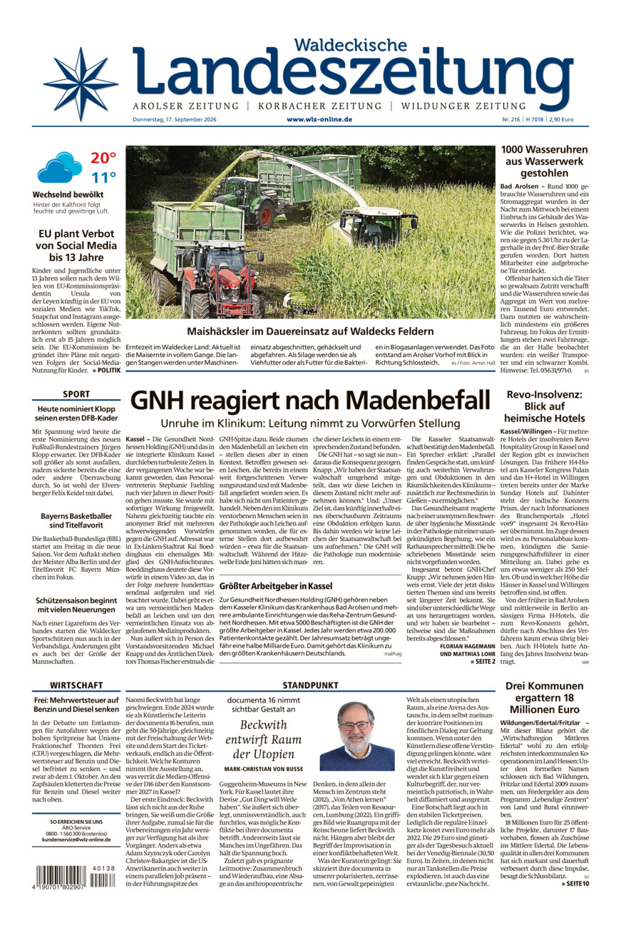 Waldeckische Landeszeitung vom Donnerstag, 17.09.2026