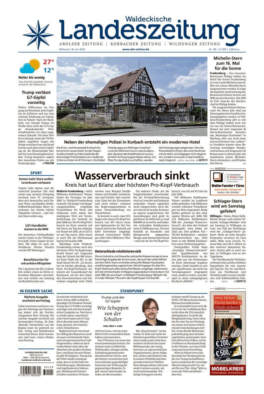 Waldeckische Landeszeitung vom Mittwoch, 18.06.2025