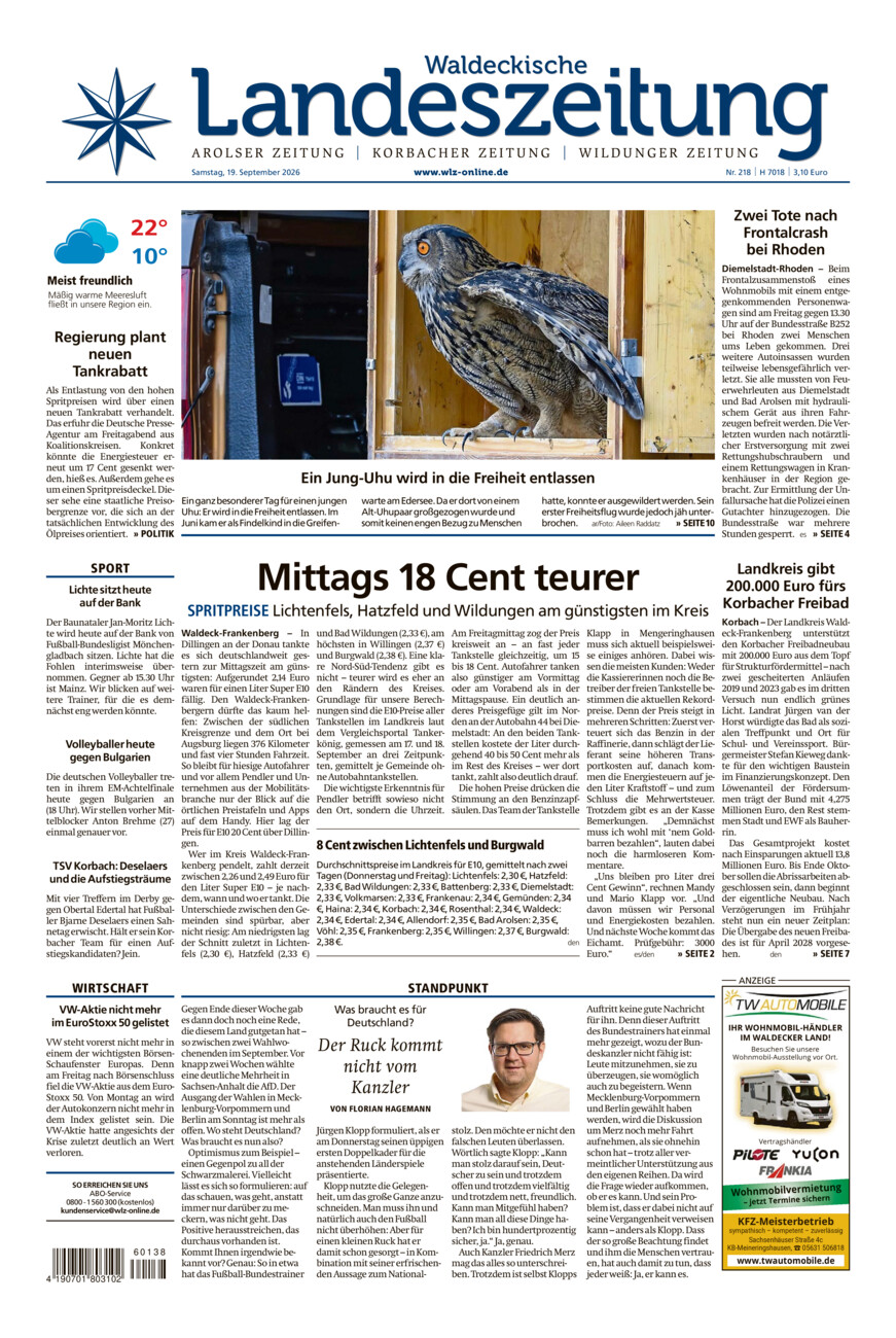 Waldeckische Landeszeitung vom Samstag, 19.09.2026