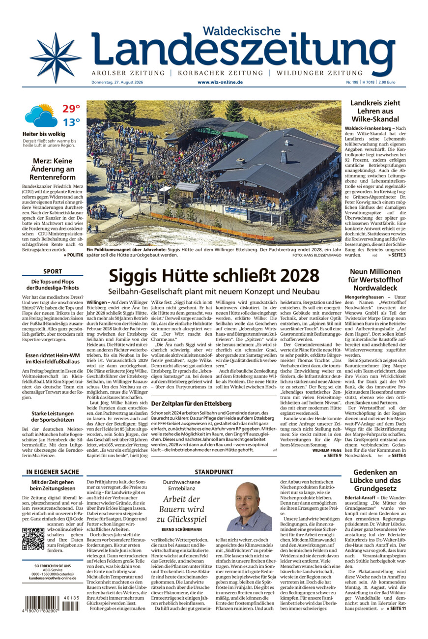 Waldeckische Landeszeitung vom Donnerstag, 27.08.2026