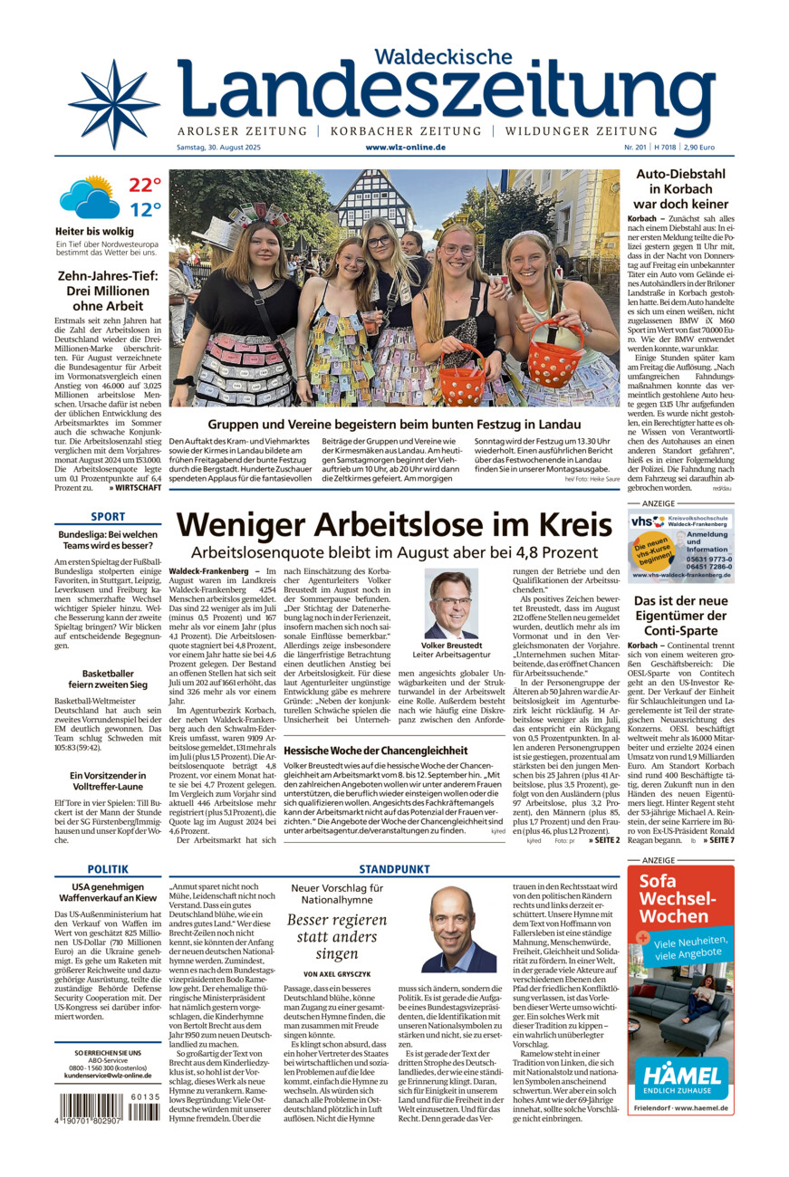 Waldeckische Landeszeitung vom Samstag, 30.08.2025