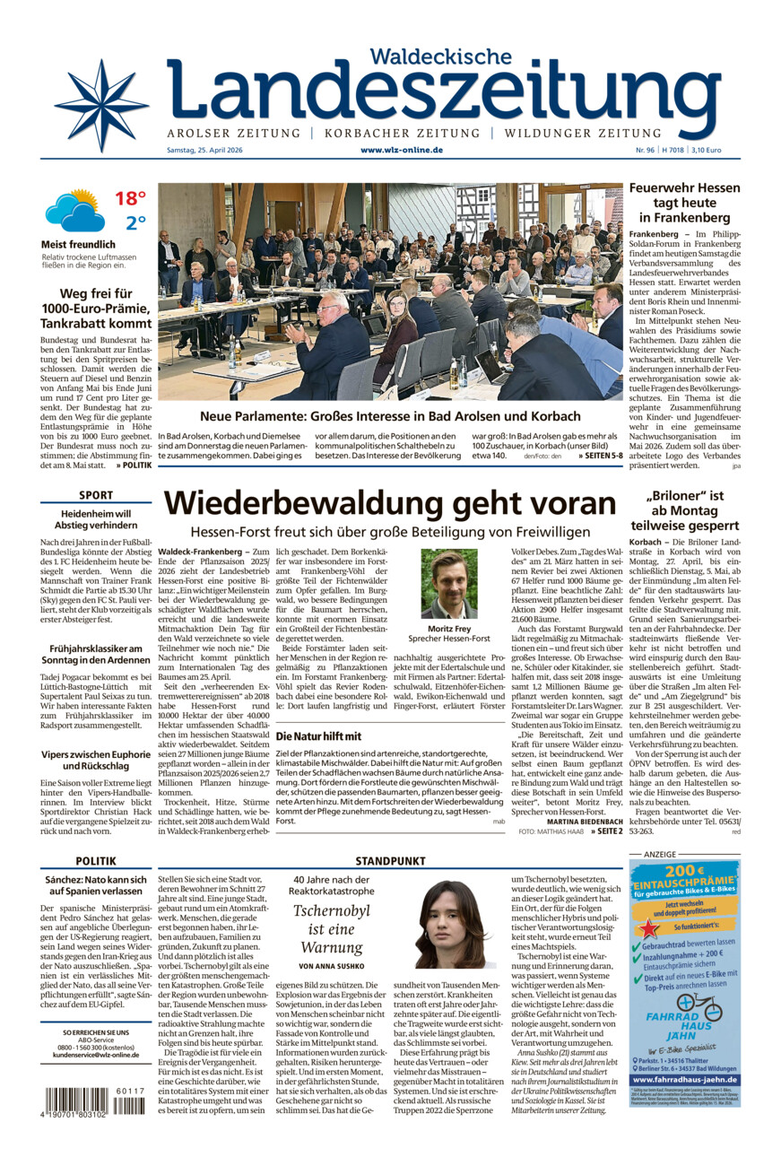 Waldeckische Landeszeitung vom Samstag, 25.04.2026