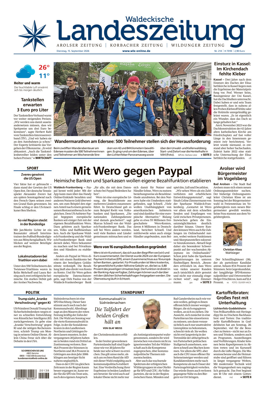 Waldeckische Landeszeitung vom Dienstag, 15.09.2026