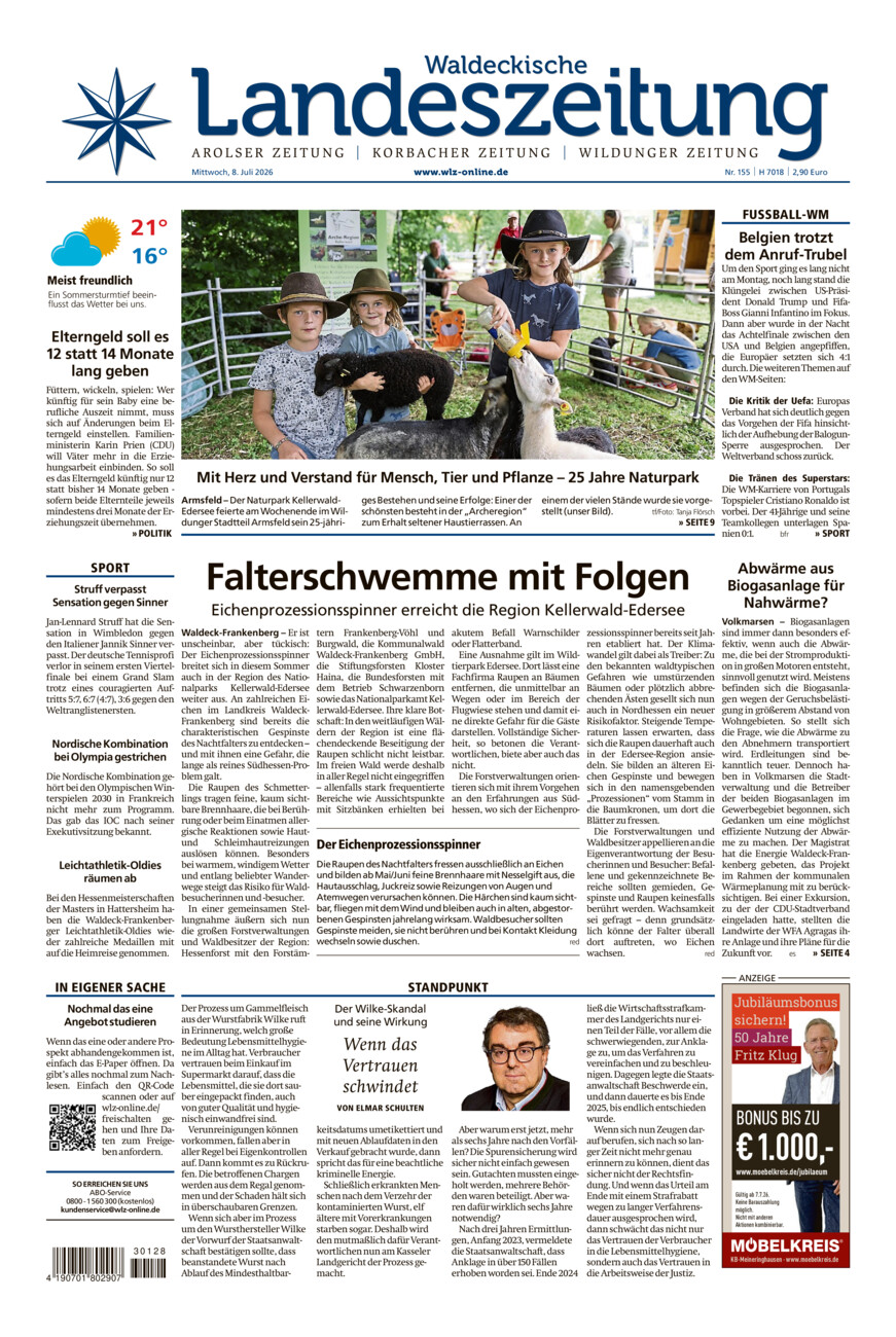 Waldeckische Landeszeitung vom Mittwoch, 08.07.2026