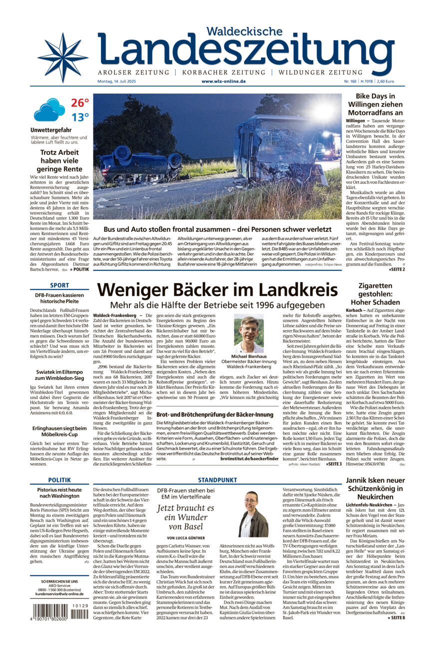 Waldeckische Landeszeitung vom Montag, 14.07.2025