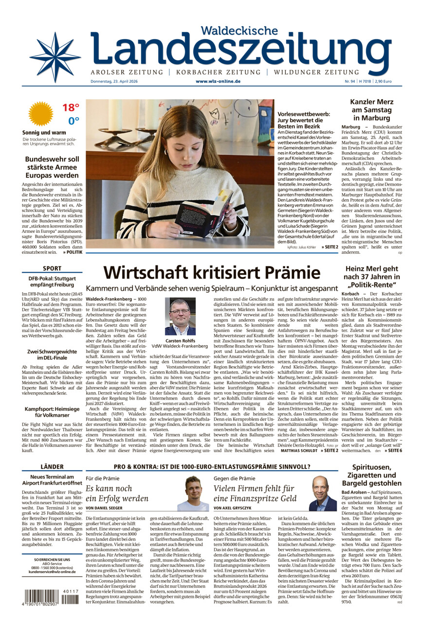 Waldeckische Landeszeitung vom Donnerstag, 23.04.2026