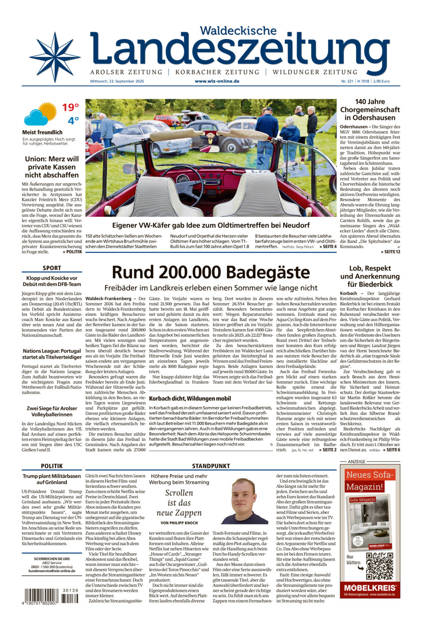 Waldeckische Landeszeitung vom Mittwoch, 23.09.2026