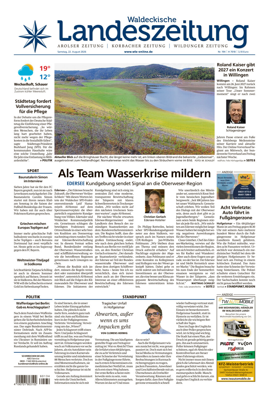 Waldeckische Landeszeitung vom Samstag, 22.08.2026