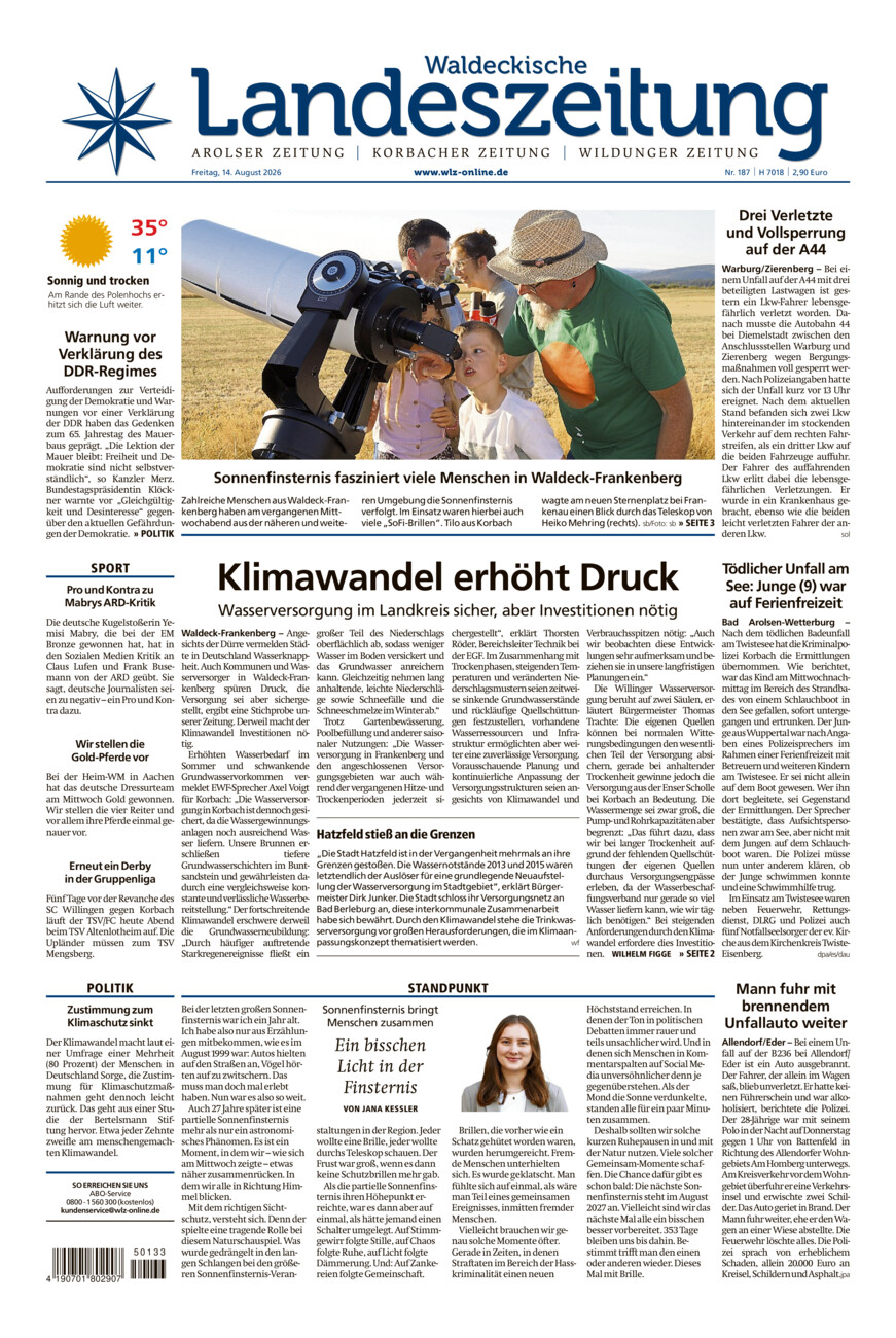 Waldeckische Landeszeitung vom Freitag, 14.08.2026