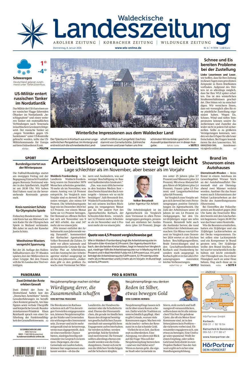 Waldeckische Landeszeitung vom Donnerstag, 08.01.2026