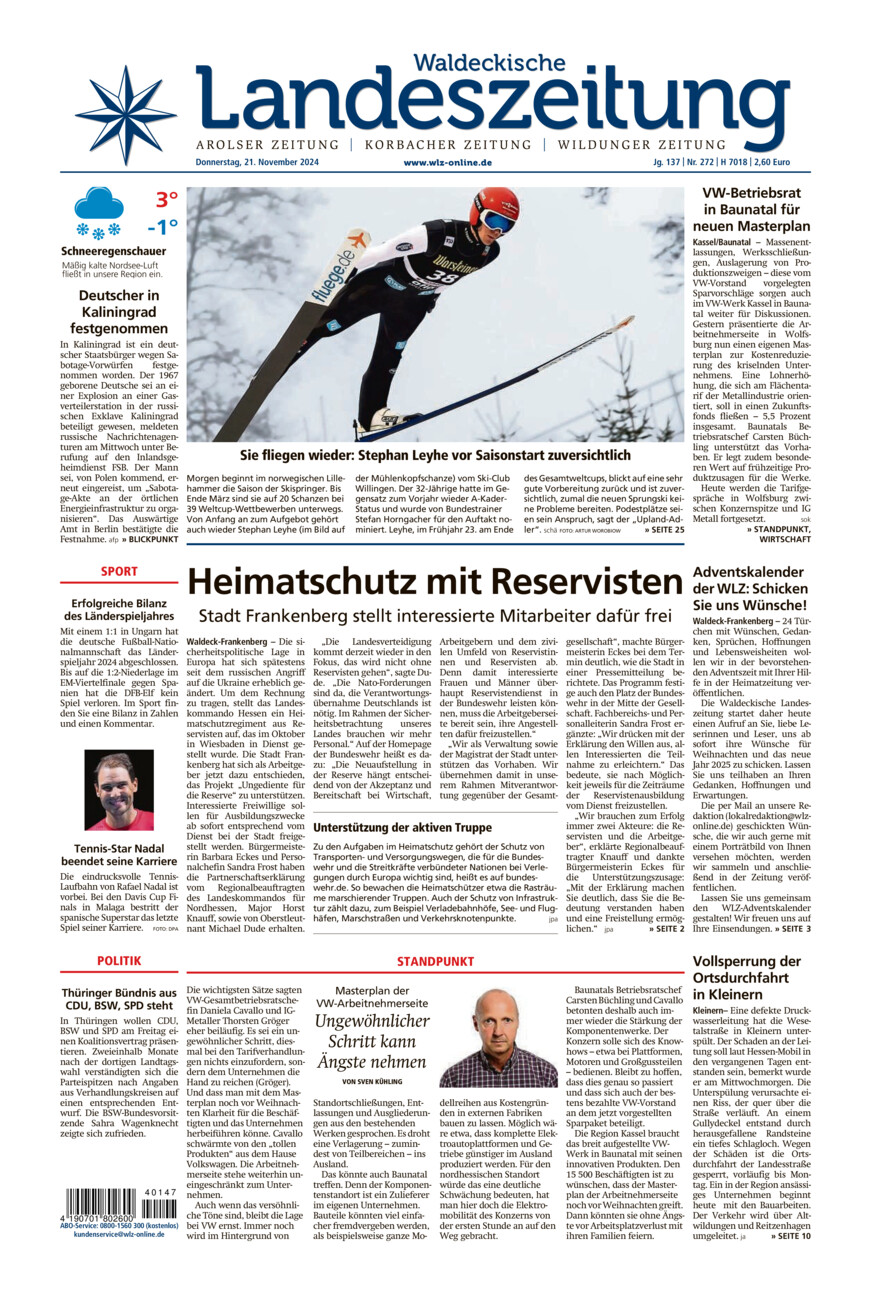 Waldeckische Landeszeitung vom Donnerstag, 21.11.2024