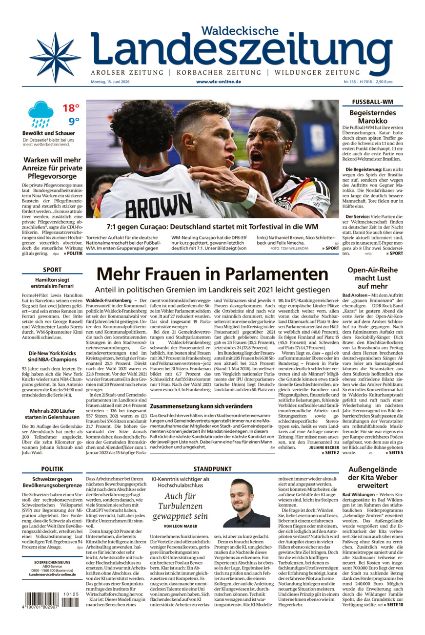 Waldeckische Landeszeitung vom Montag, 15.06.2026