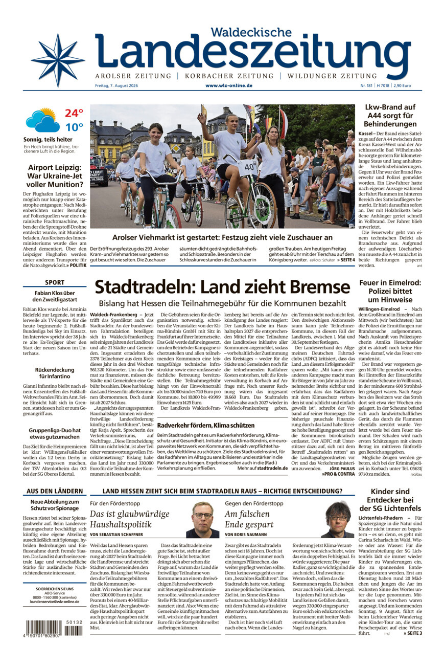 Waldeckische Landeszeitung vom Freitag, 07.08.2026