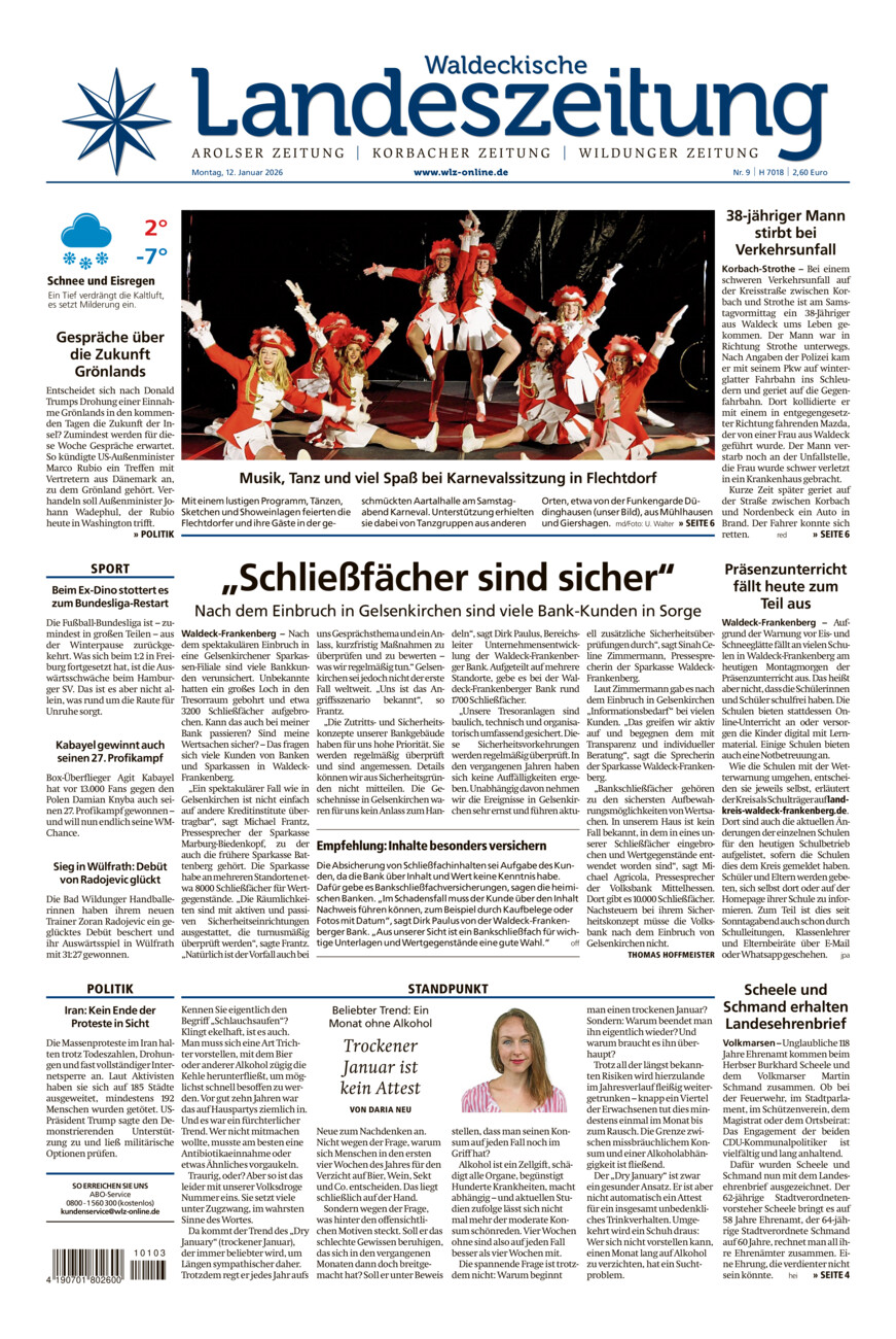 Waldeckische Landeszeitung vom Montag, 12.01.2026