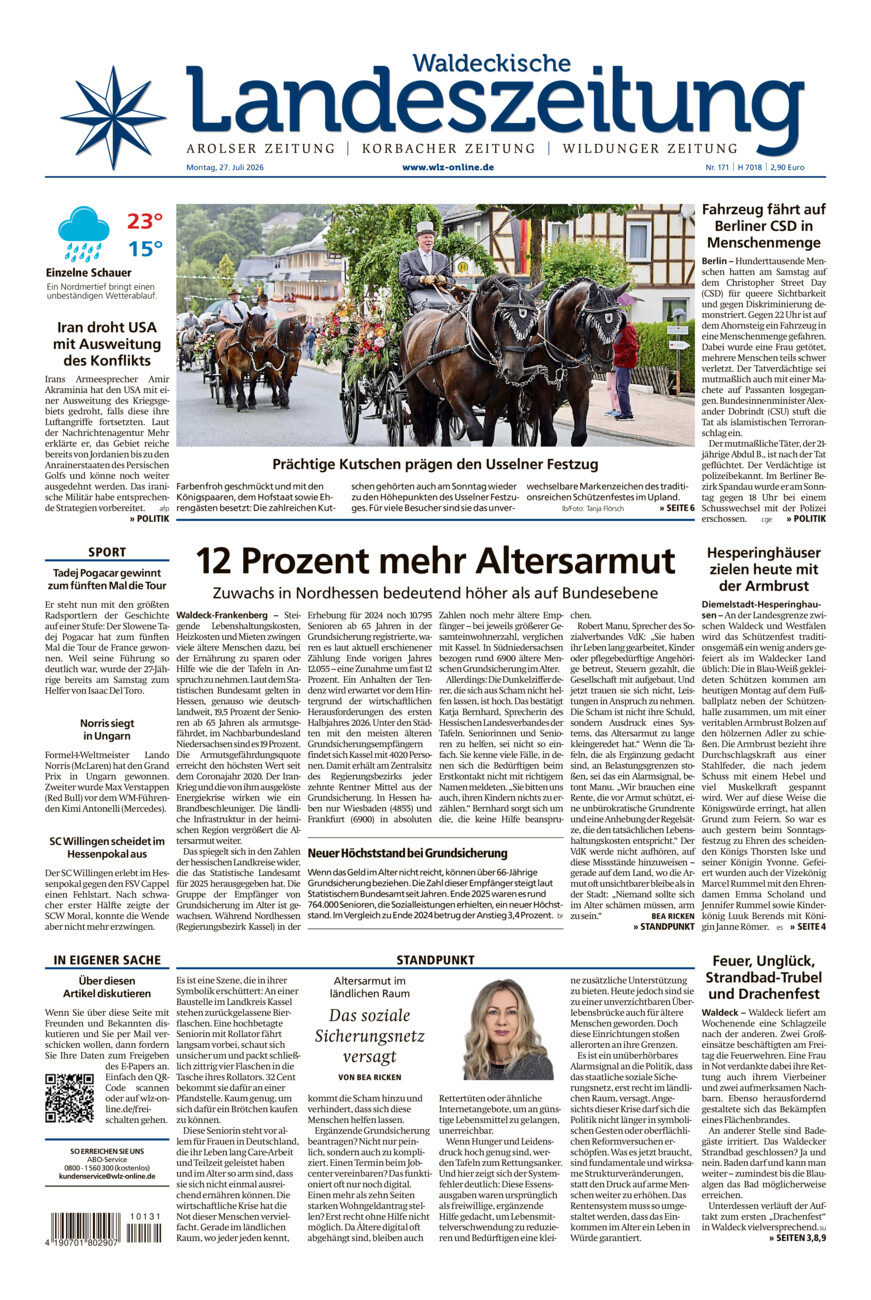 Waldeckische Landeszeitung vom Montag, 27.07.2026