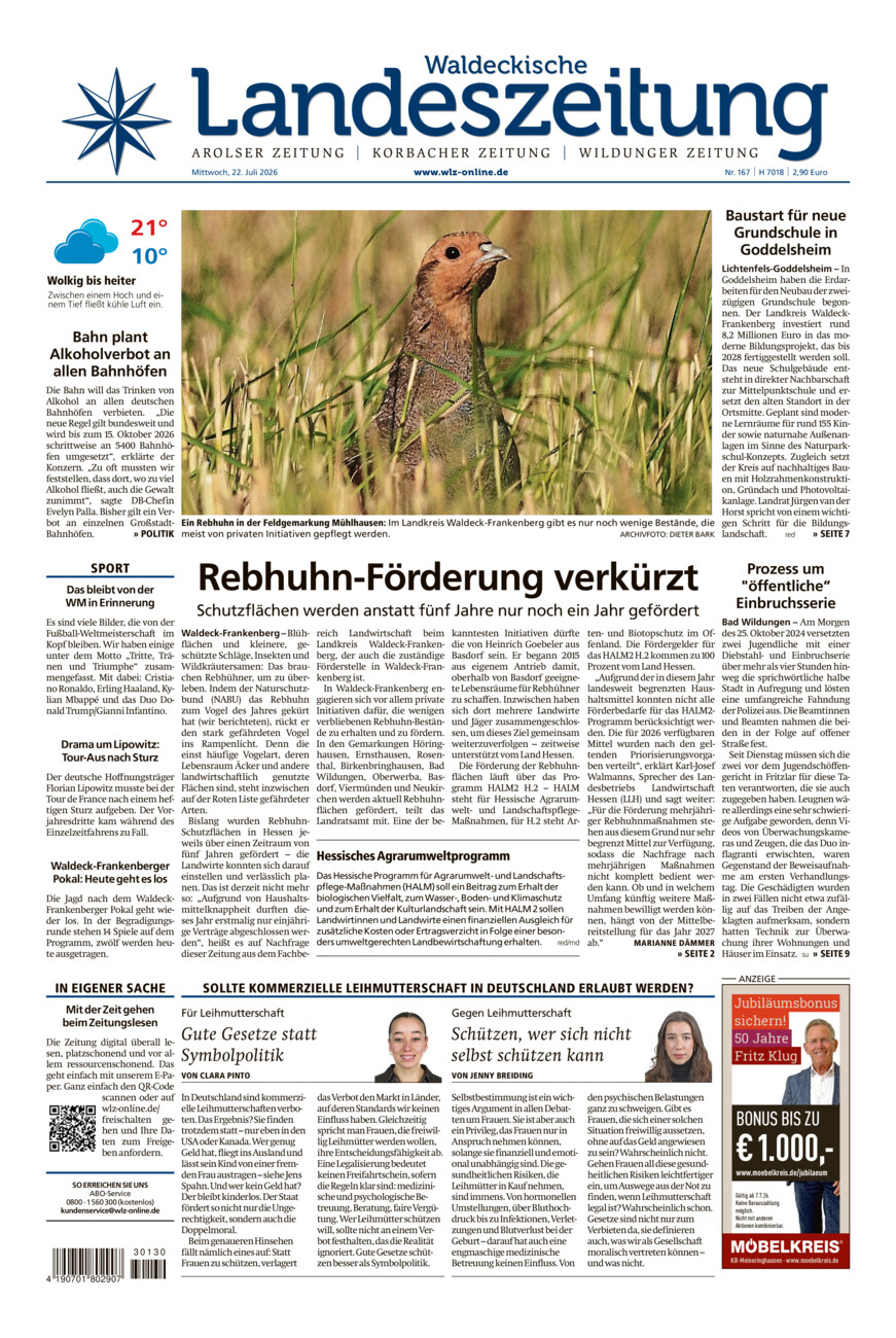 Waldeckische Landeszeitung vom Mittwoch, 22.07.2026