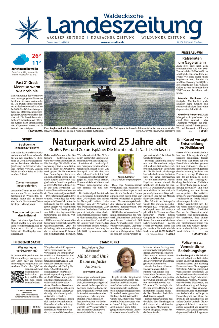 Waldeckische Landeszeitung vom Donnerstag, 02.07.2026