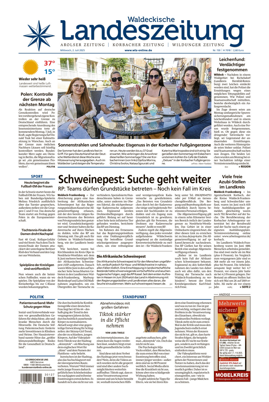 Waldeckische Landeszeitung vom Mittwoch, 02.07.2025