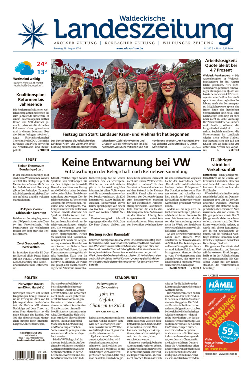 Waldeckische Landeszeitung vom Samstag, 29.08.2026