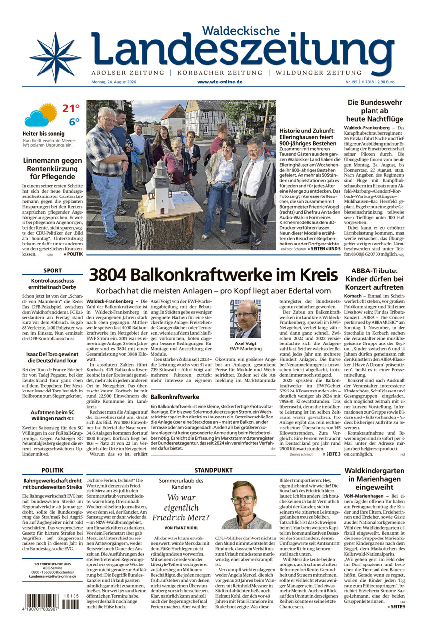 Waldeckische Landeszeitung vom Montag, 24.08.2026