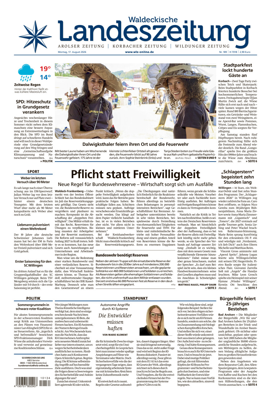 Waldeckische Landeszeitung vom Montag, 17.08.2026