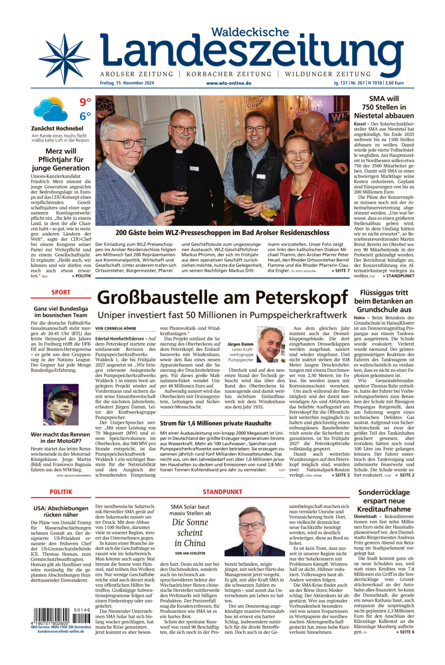 Waldeckische Landeszeitung vom Freitag, 15.11.2024