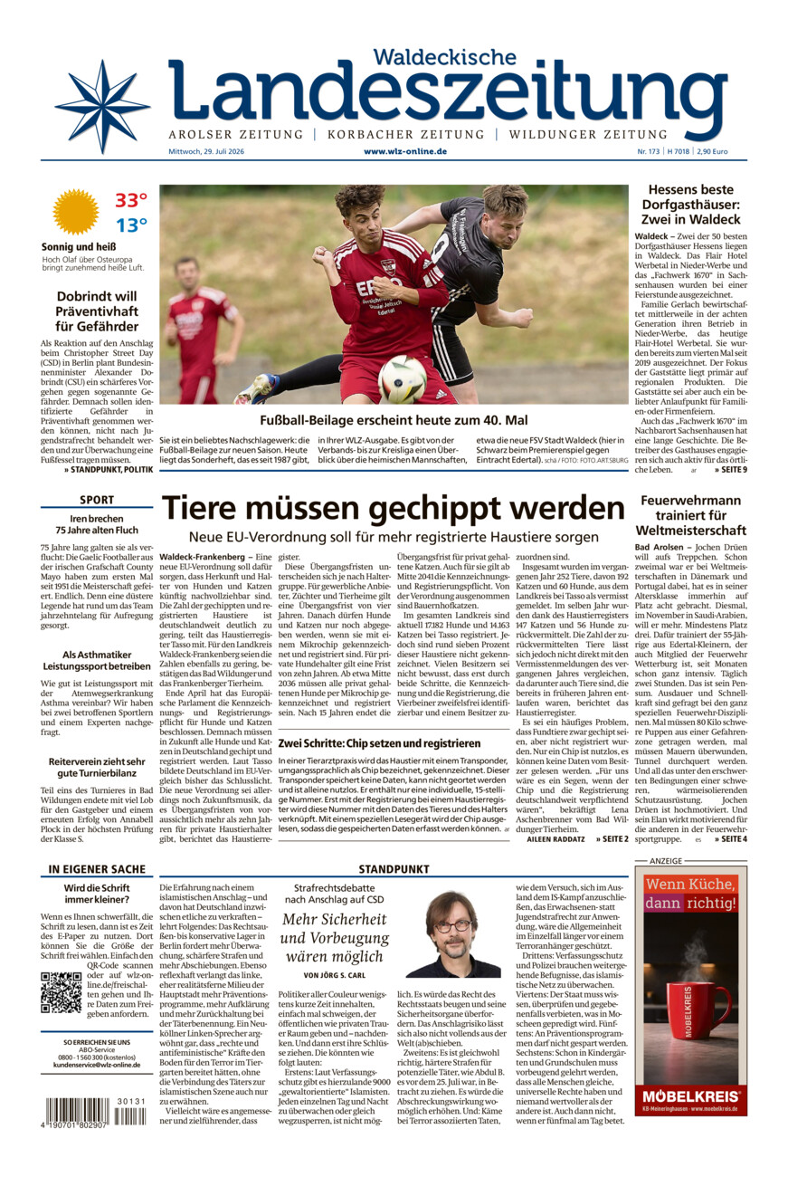 Waldeckische Landeszeitung vom Mittwoch, 29.07.2026