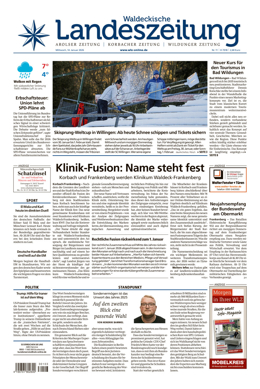 Waldeckische Landeszeitung vom Mittwoch, 14.01.2026