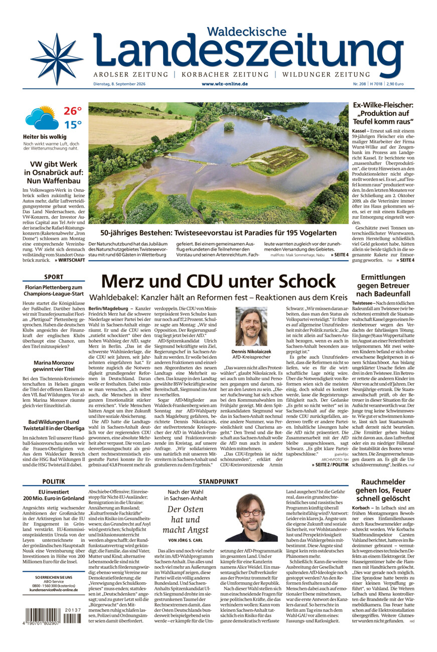 Waldeckische Landeszeitung vom Dienstag, 08.09.2026