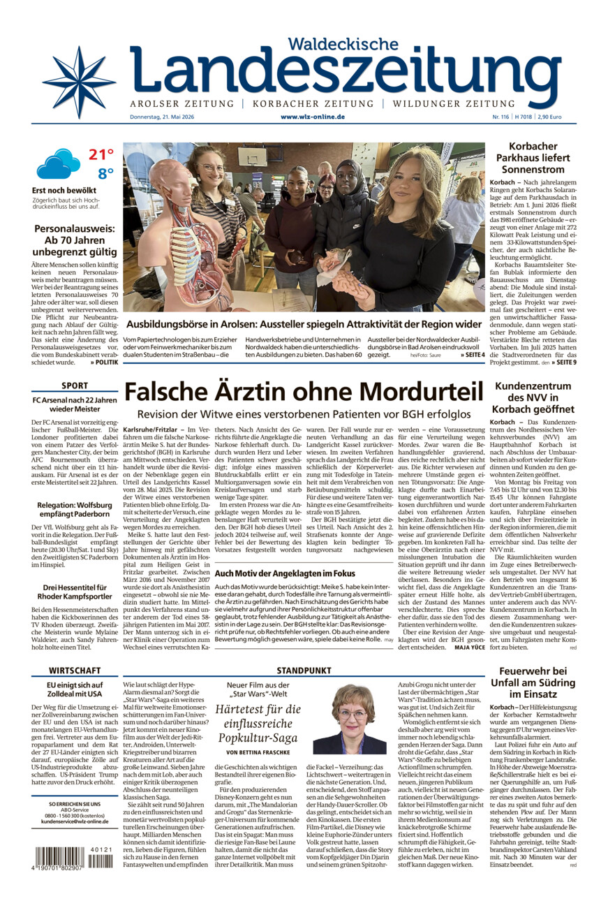 Waldeckische Landeszeitung vom Donnerstag, 21.05.2026