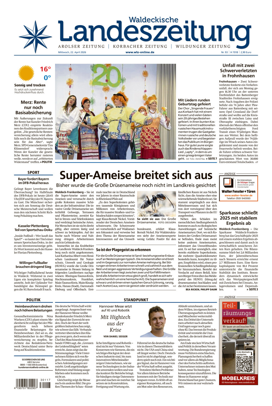 Waldeckische Landeszeitung vom Mittwoch, 22.04.2026