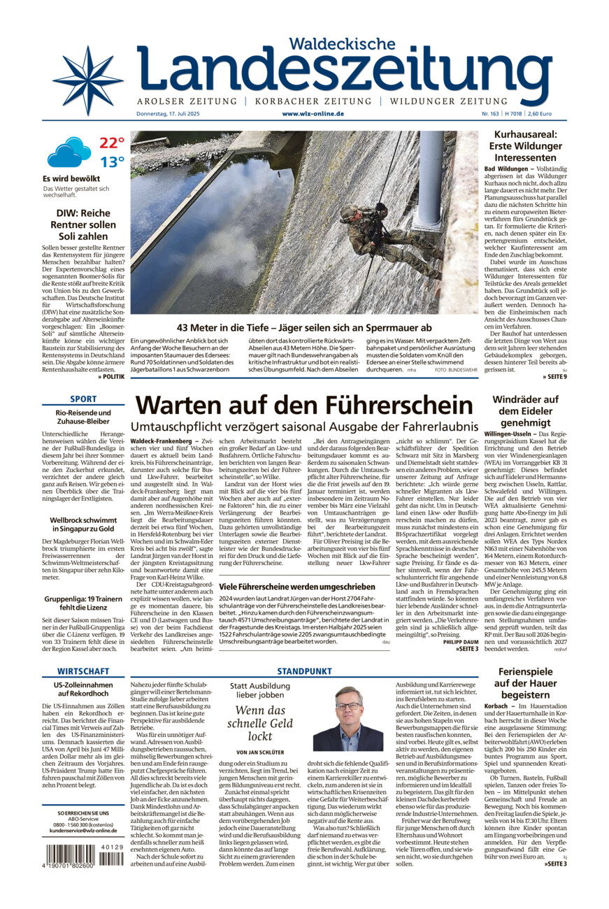 Waldeckische Landeszeitung vom Donnerstag, 17.07.2025