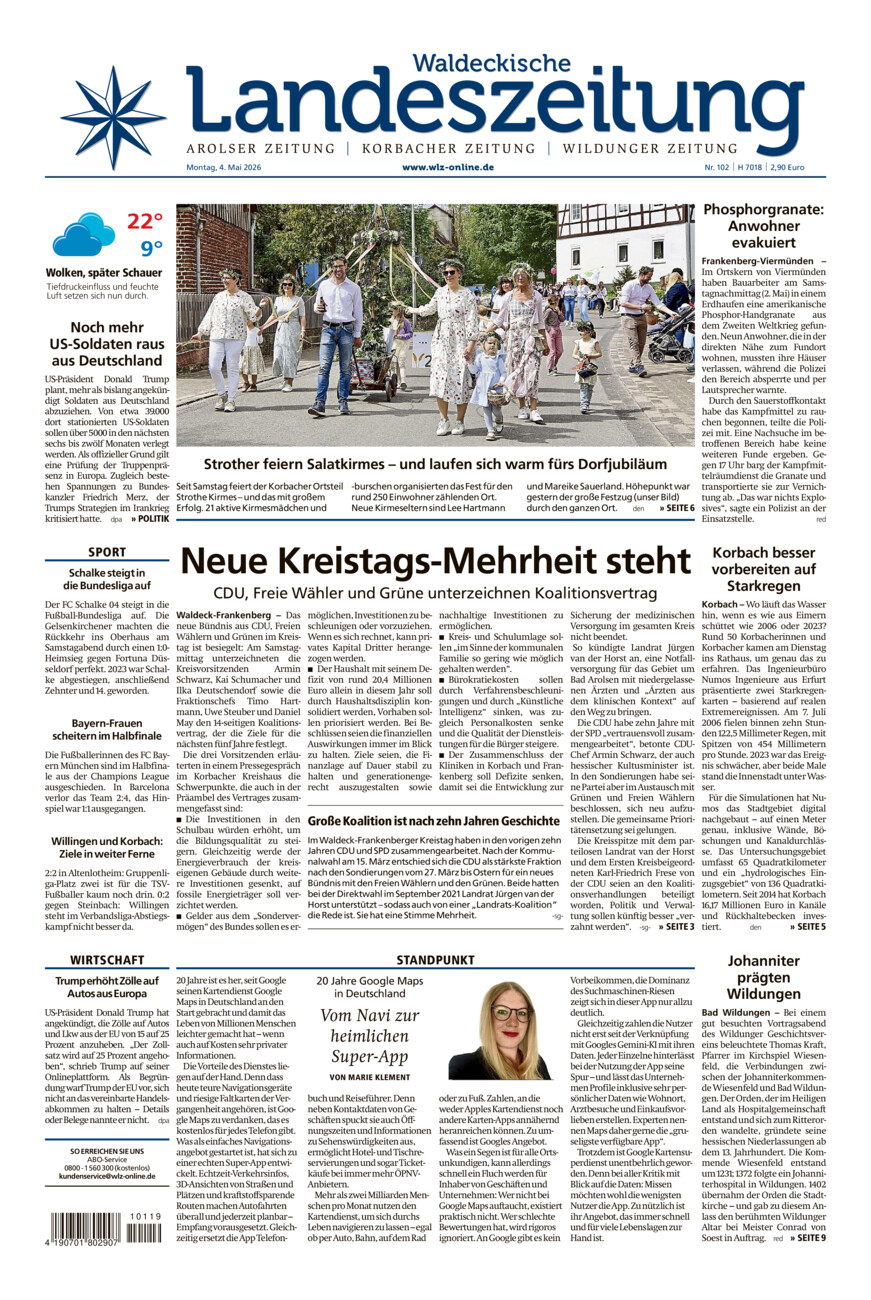 Waldeckische Landeszeitung vom Montag, 04.05.2026