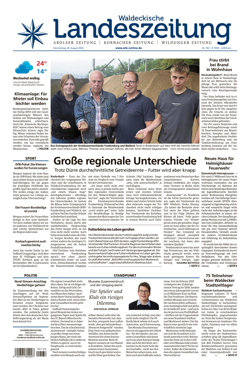 Waldeckische Landeszeitung vom Donnerstag, 20.08.2026