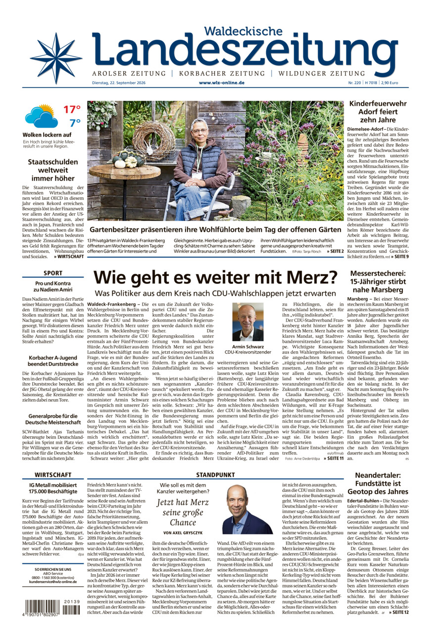 Waldeckische Landeszeitung vom Dienstag, 22.09.2026