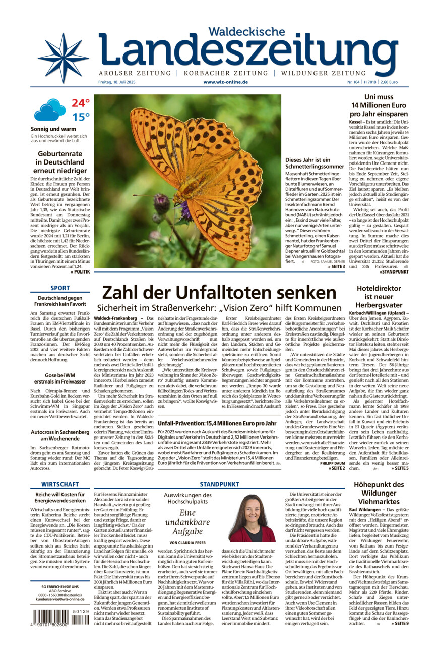 Waldeckische Landeszeitung vom Freitag, 18.07.2025