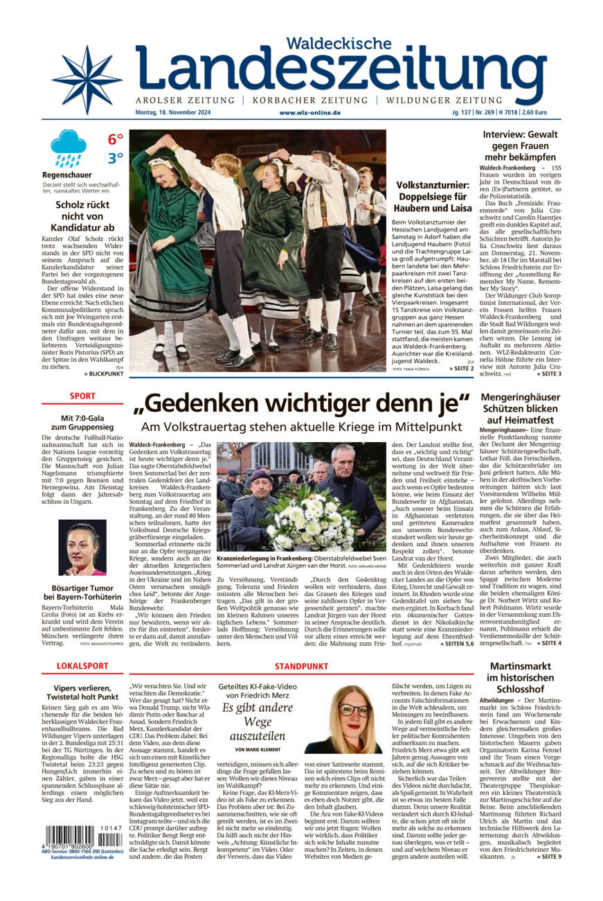 Waldeckische Landeszeitung vom Montag, 18.11.2024