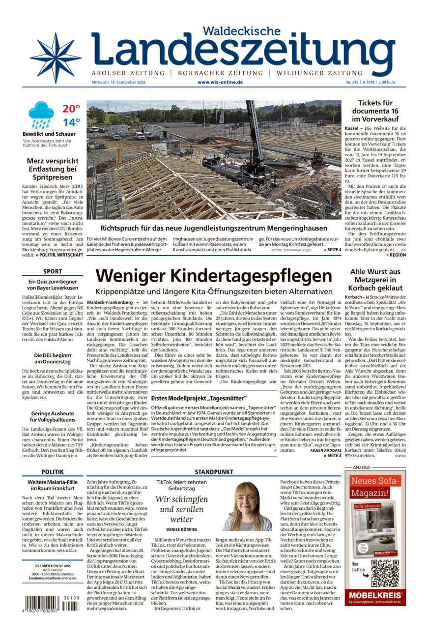 Waldeckische Landeszeitung vom Mittwoch, 16.09.2026