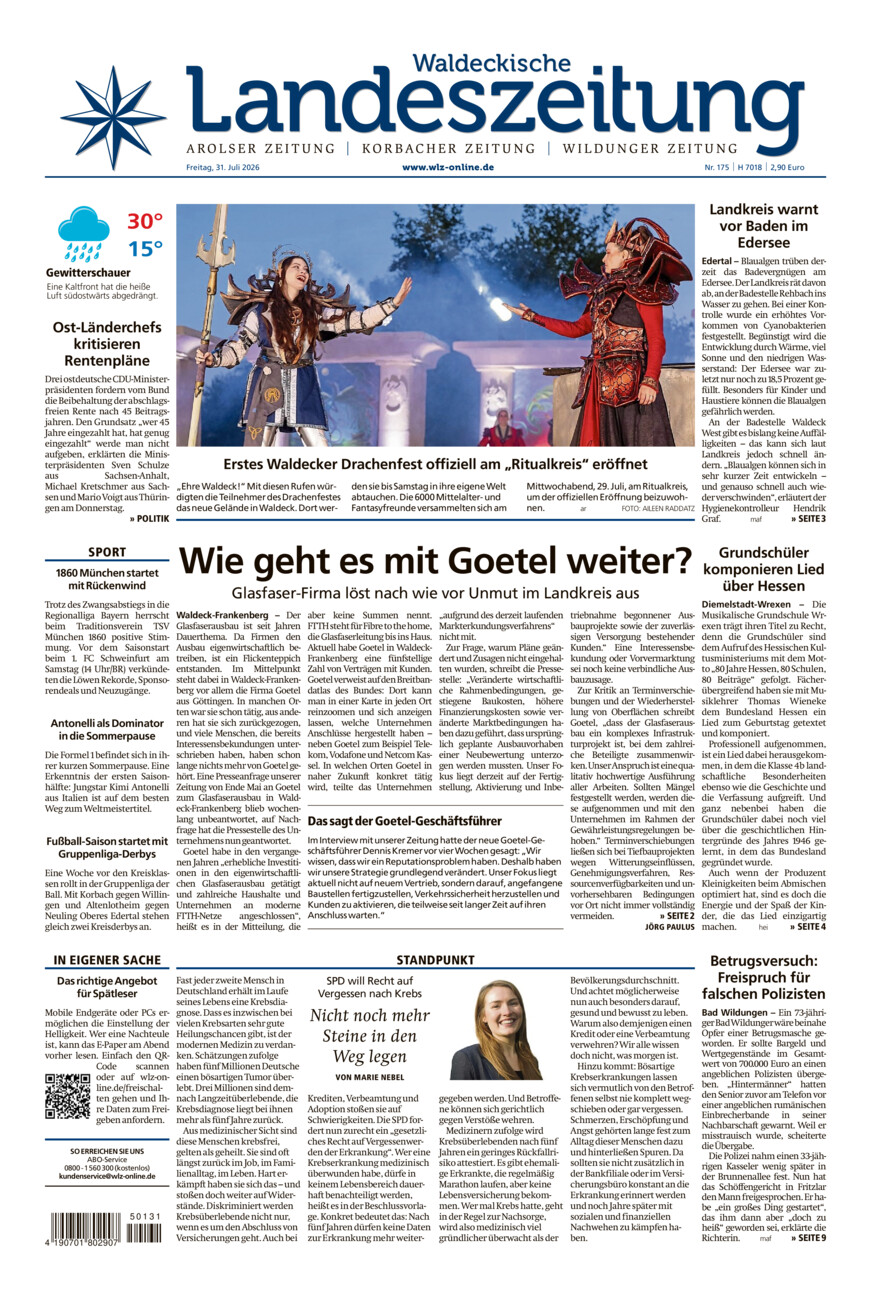 Waldeckische Landeszeitung vom Freitag, 31.07.2026