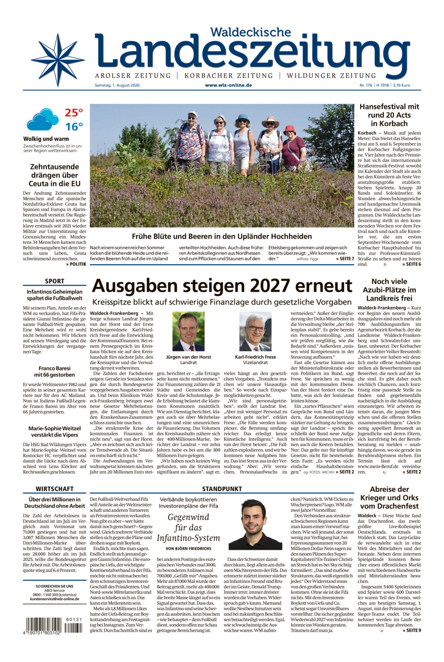 Waldeckische Landeszeitung vom Samstag, 01.08.2026