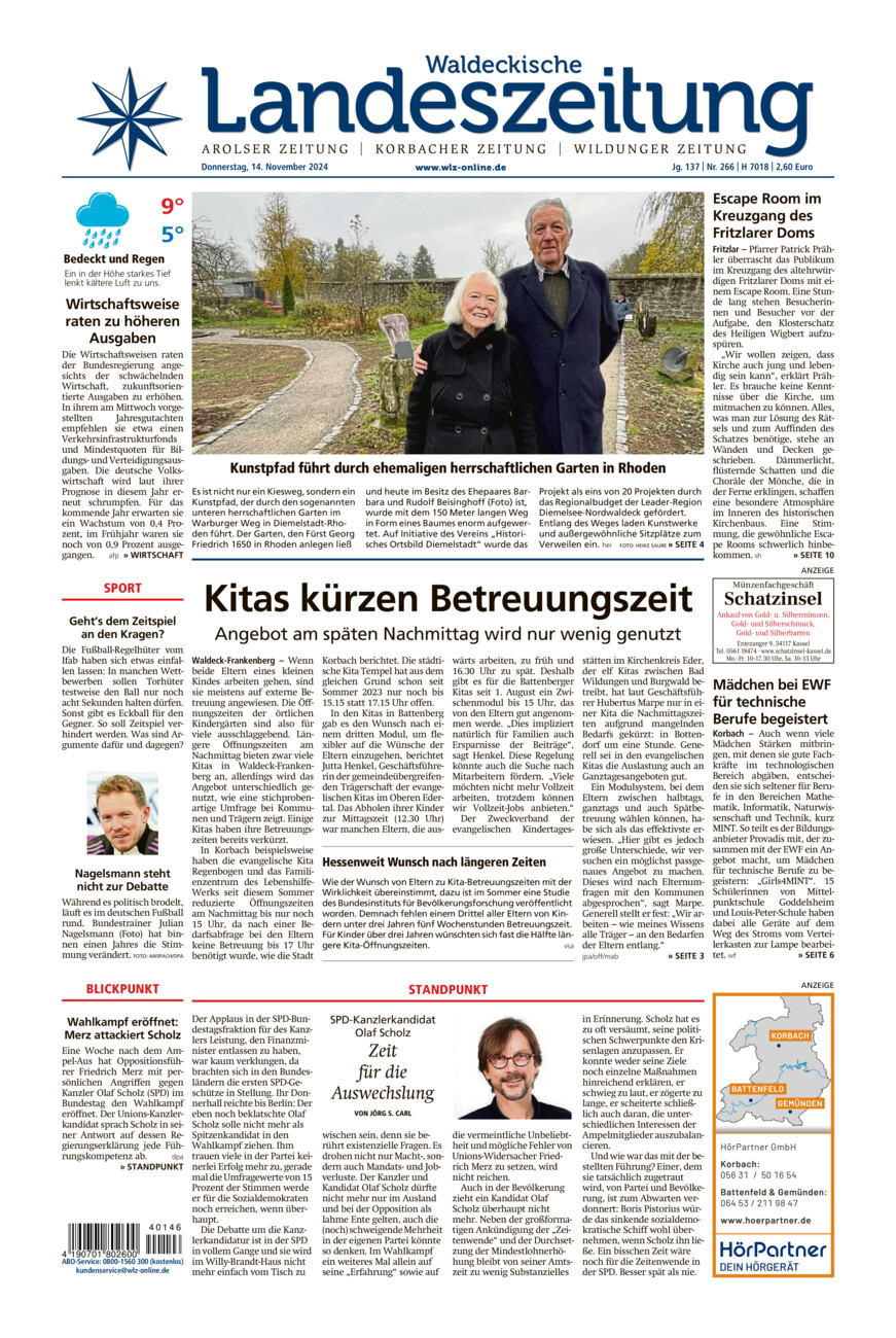 Waldeckische Landeszeitung vom Donnerstag, 14.11.2024